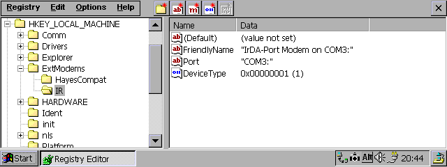 Edit the registry to install an IrDA modem